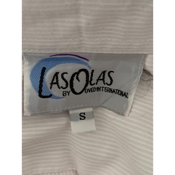 Las Olas Oved Intl Blouse Button Front Flamingo Embroidered Silver Stripe Small - Picture 11 of 11